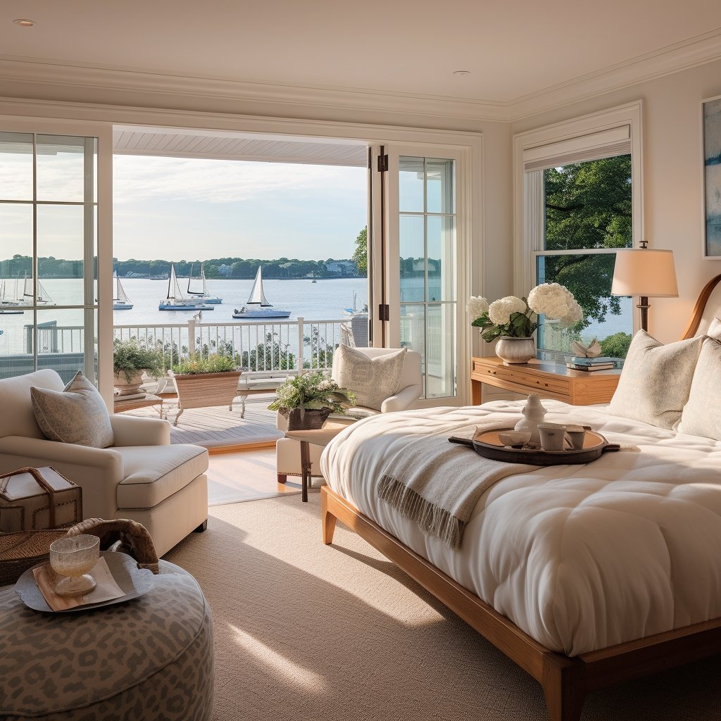 Waterfront bedroom with a large bed and open doors overlooking sailboats.