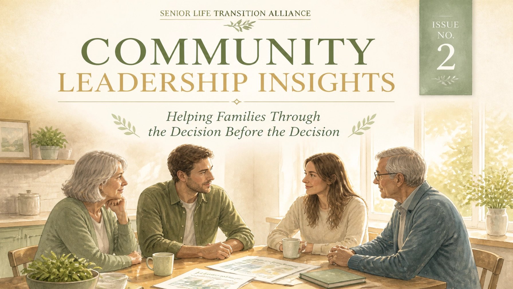 Community Leadership Insights, Issue No. 2: four adults discuss family transitions around a table.