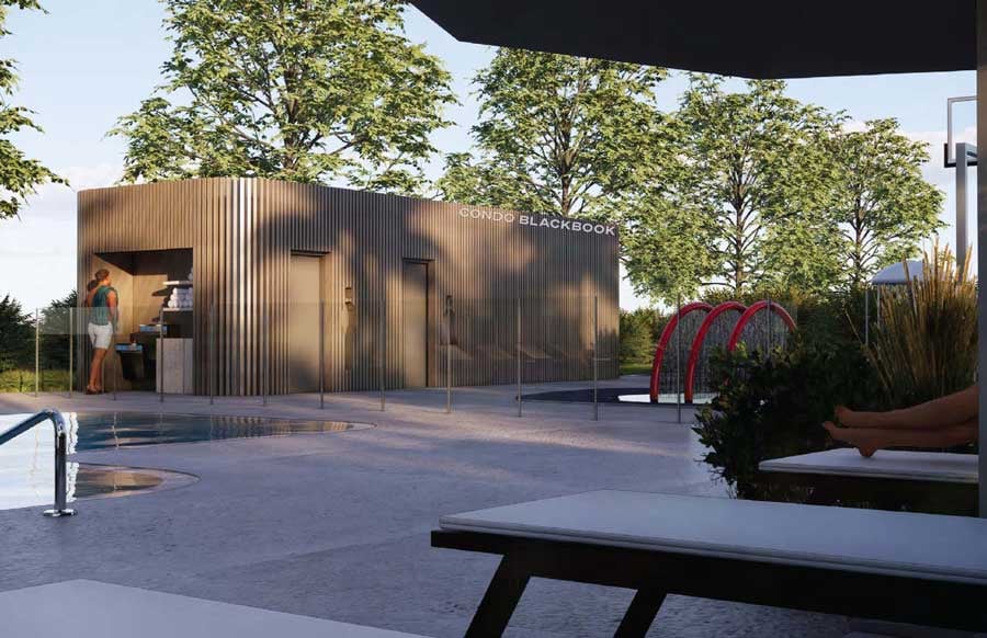 Tal Aventura pool courtyard with a wood-clad pavilion, red sculptural arches, and landscaped grounds.