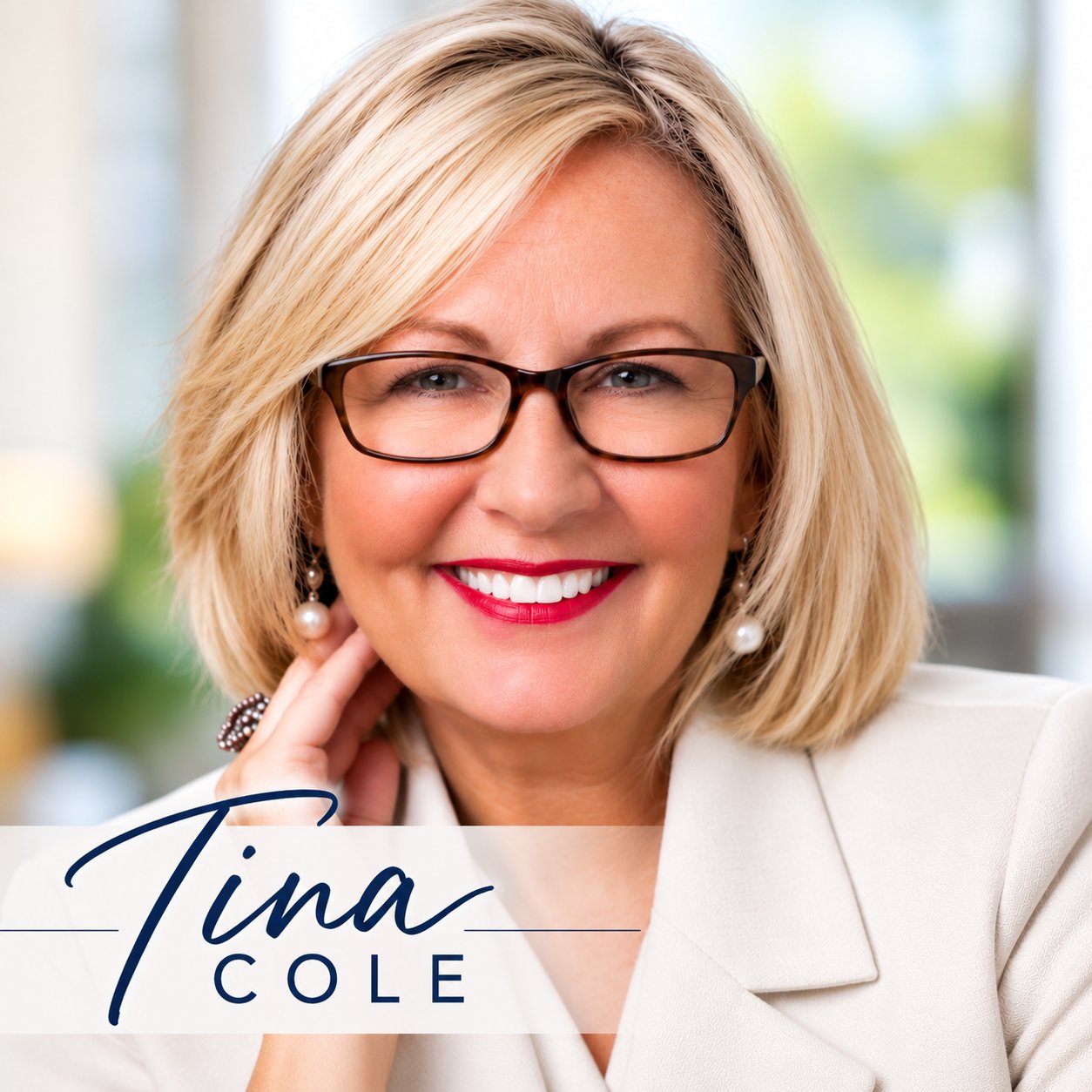 Tina Cole, smiling in dark-framed glasses, pearl earrings, and a white blazer.