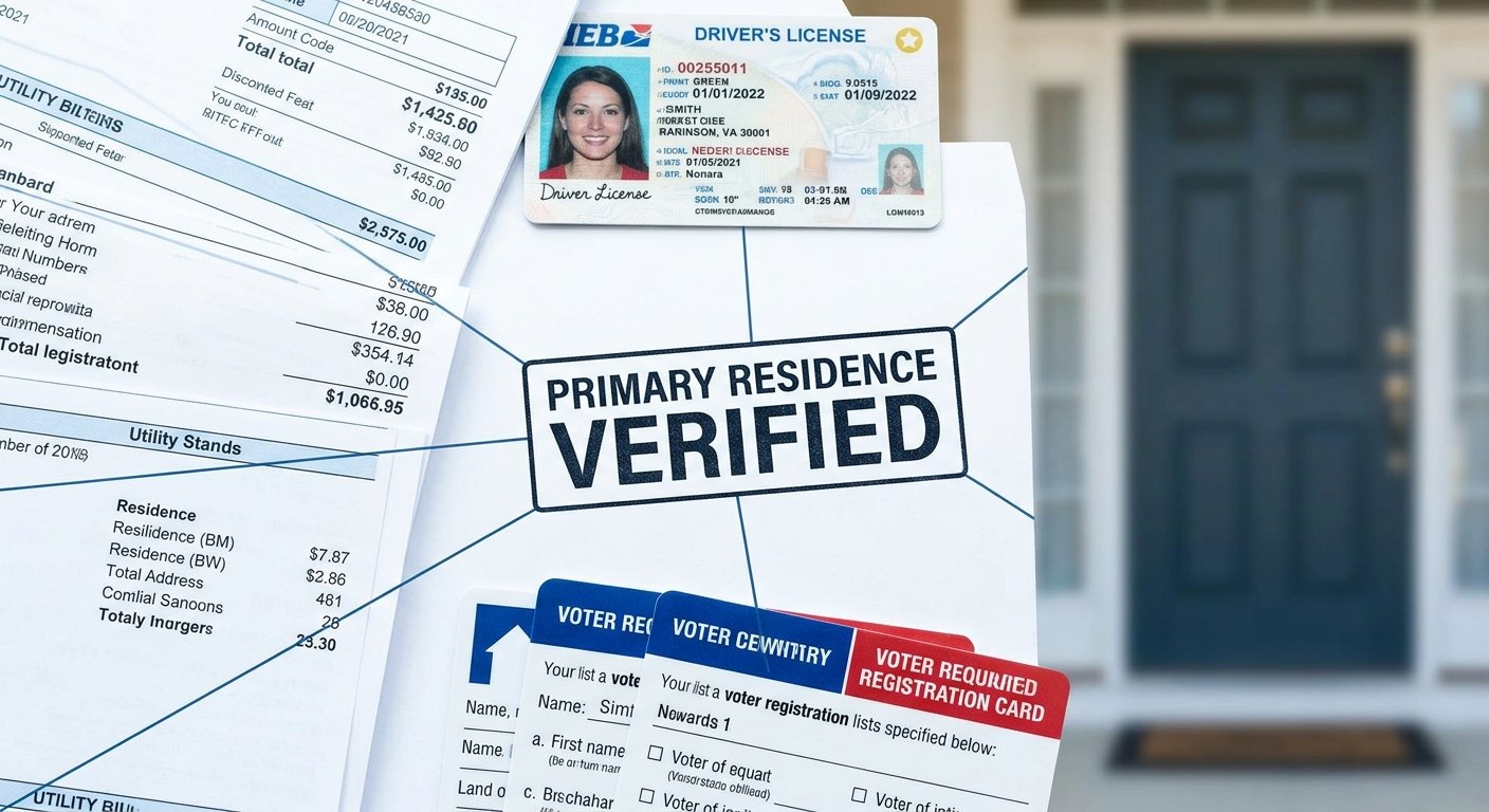Primary residence verification documents with a utility bill, driver’s license, and voter registration cards.