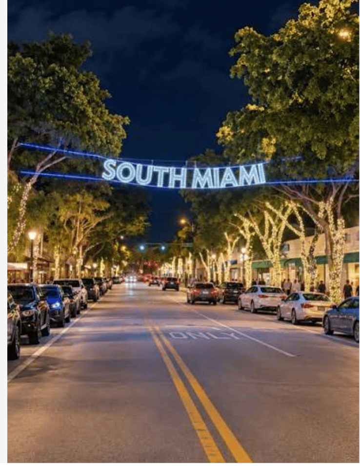 South Miami street at night beneath an illuminated South Miami sign, lined with trees and parked cars.