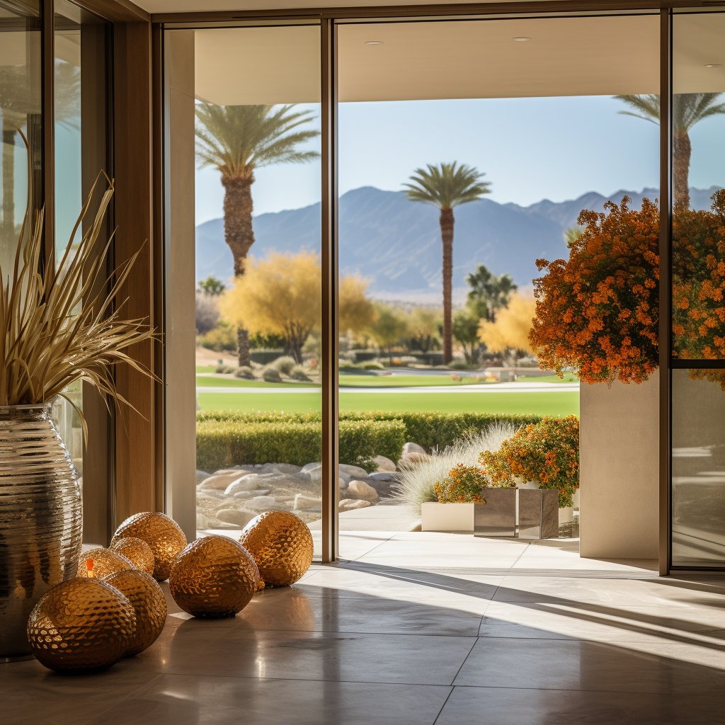 Modern home interior opening to a patio with palms, a manicured green, and distant mountains.