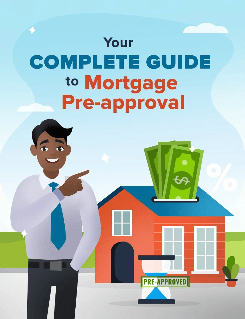 Illustration about mortgage pre-approval, with a man pointing to a house beneath floating bills.