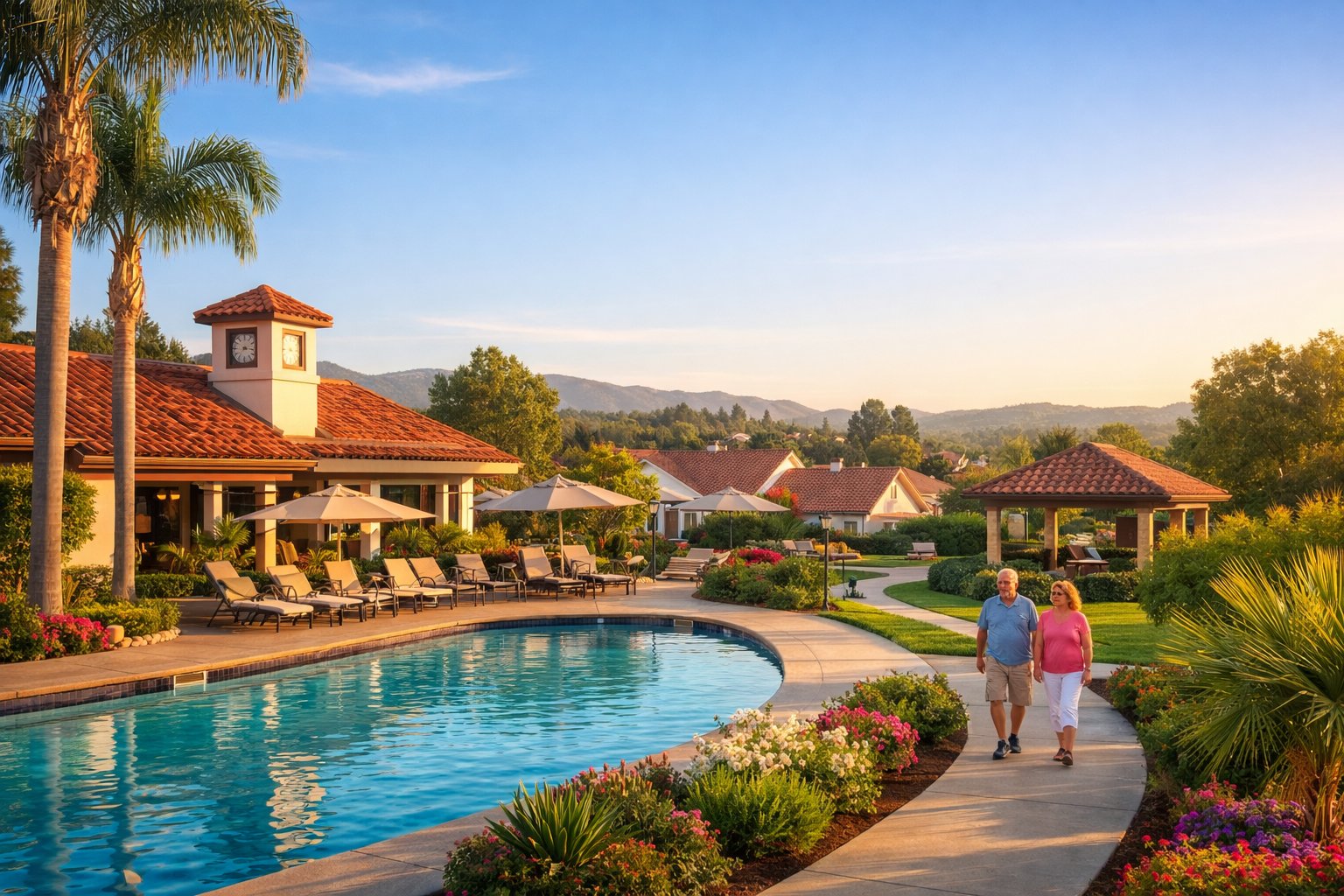 Casta del Sol 55+ community clubhouse and pool area in Mission Viejo