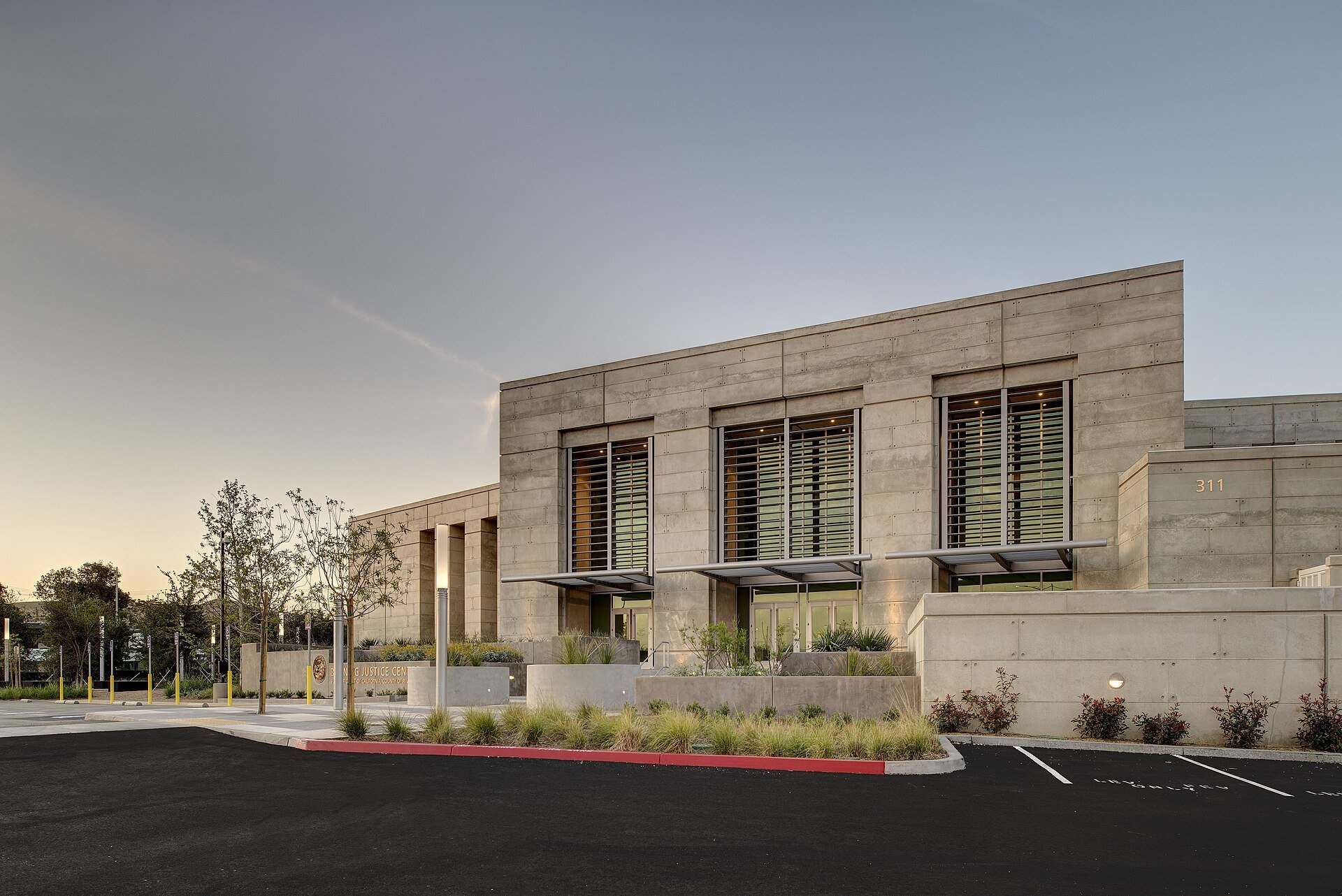 Exterior of the Banning Justice Center with landscaped approach