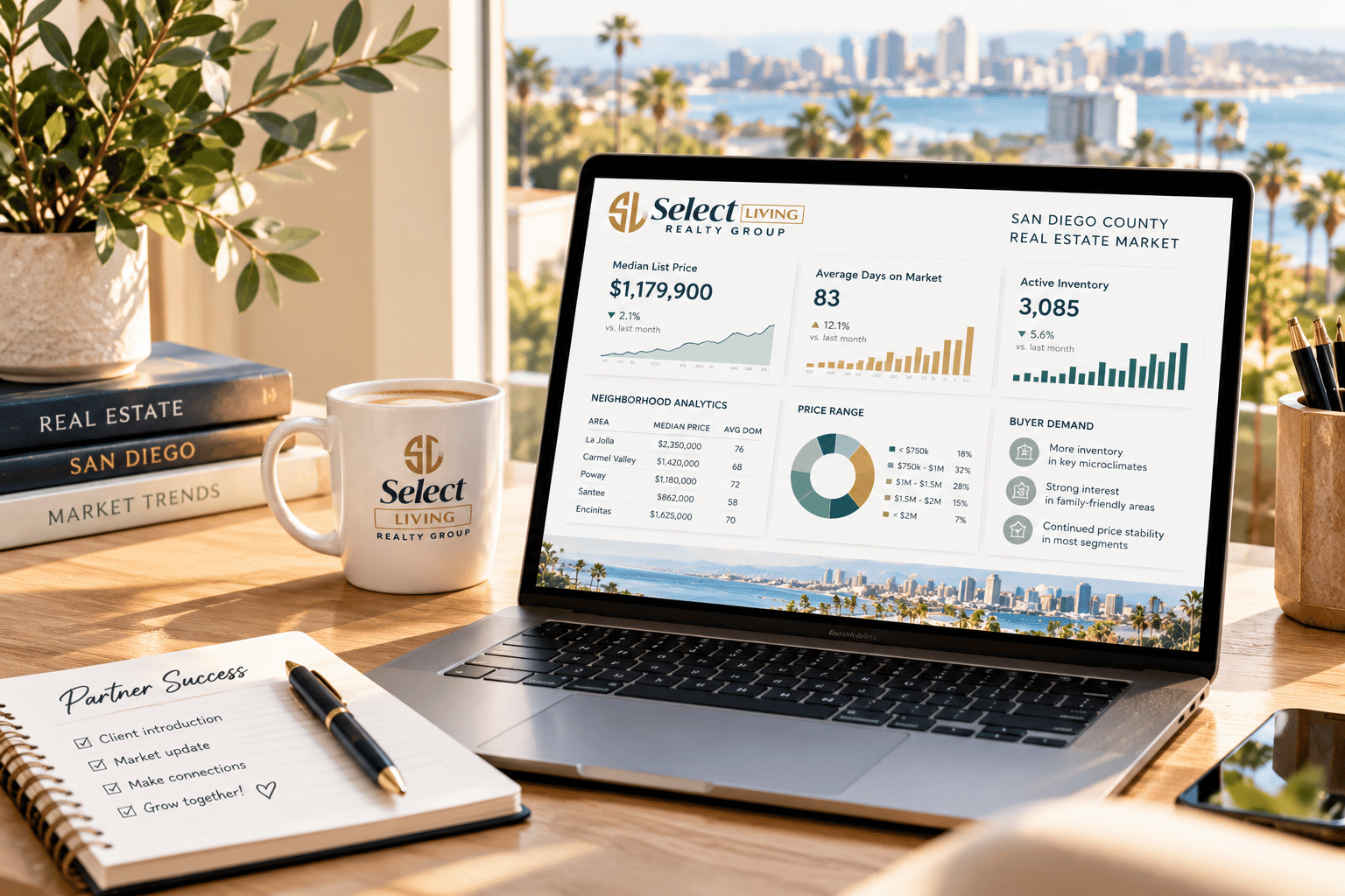 Laptop displaying San Diego County real estate market analytics, with a waterfront skyline visible through the window.