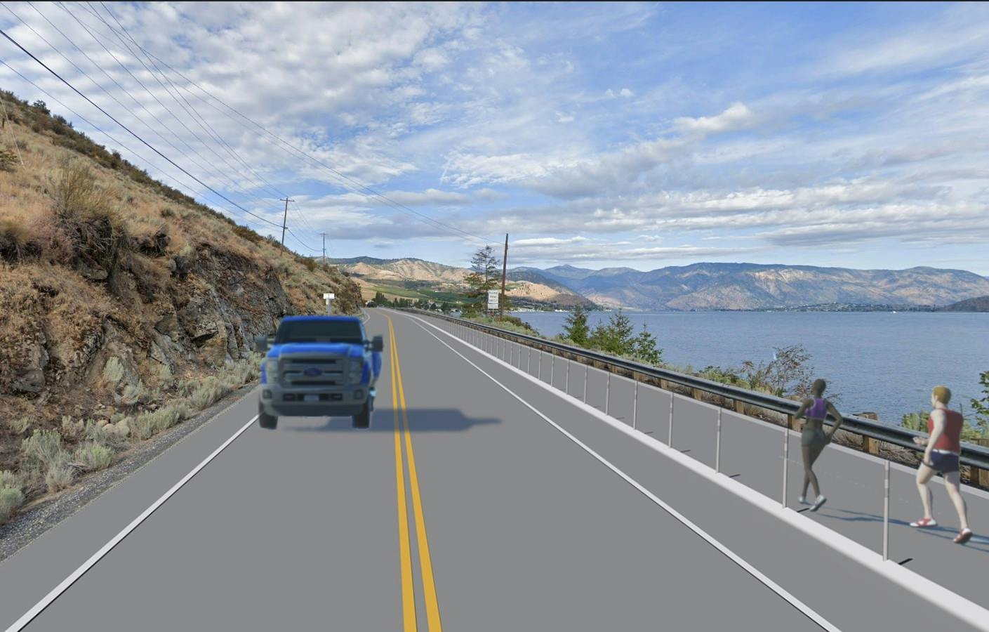 WSDOT concept rendering of a separated shared-use path beside US 97A along Lake Chelan’s south shore, with pedestrians walking beside the lake.