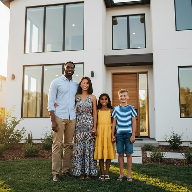 Family of four posing on a lawn in front of a modern white home.