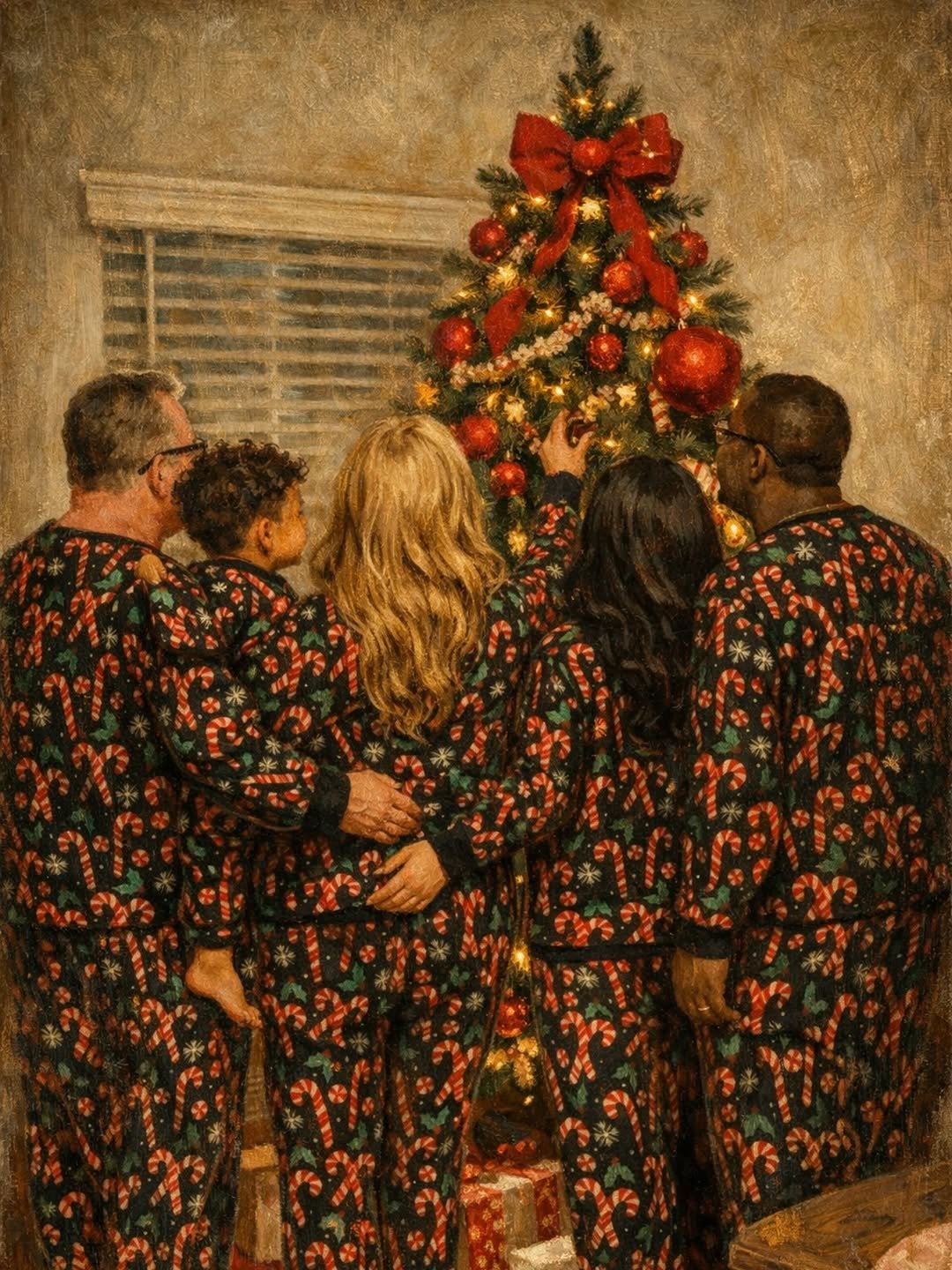 Cozy winter home interior with soft lighting, holiday remnants like a Christmas tree in the background, and text overlay: 'Home is where it all begins' celebrating the transition from holidays to new year.