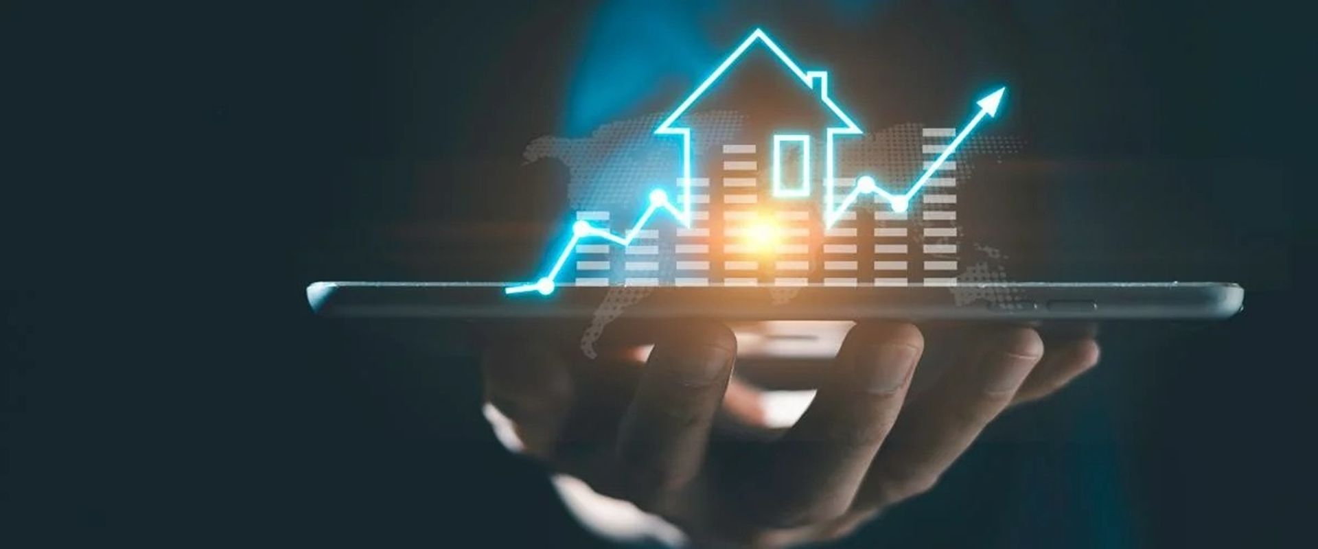 A glowing house and rising chart appear above a tablet held in one hand.