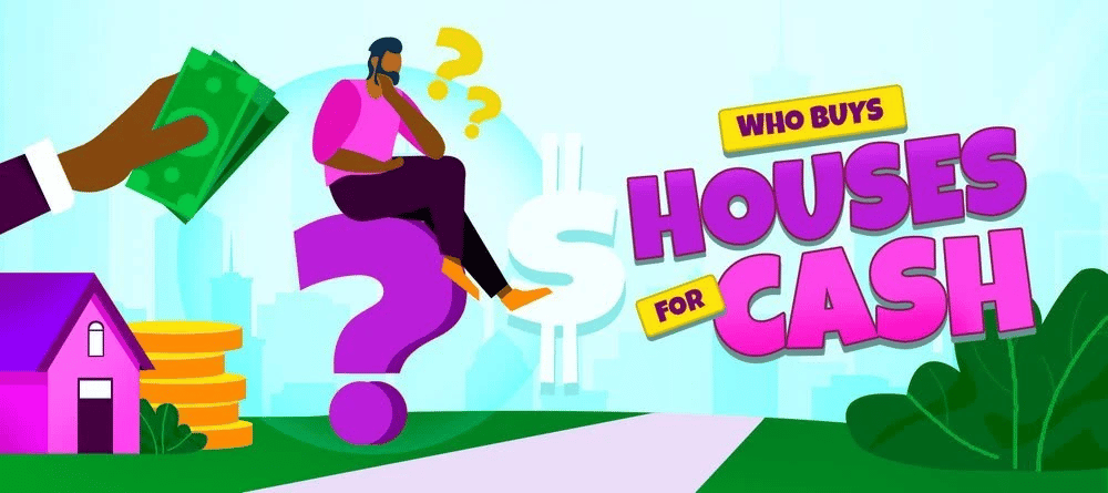 Illustration asking who buys houses for cash, with a seated person, cash, coins, and a small house.