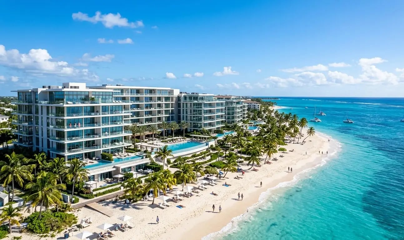 Wide-angle exterior shot of a modern luxury beachfront condominium development on Cable Beach, Nassau, palm trees, ocean backdrop, midday light.