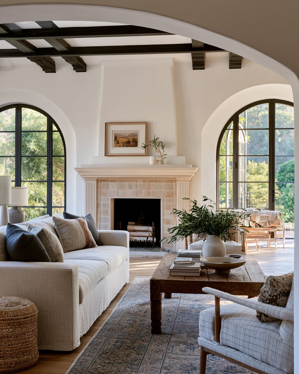 Living room with a stone fireplace, exposed beams, and tall arched windows.