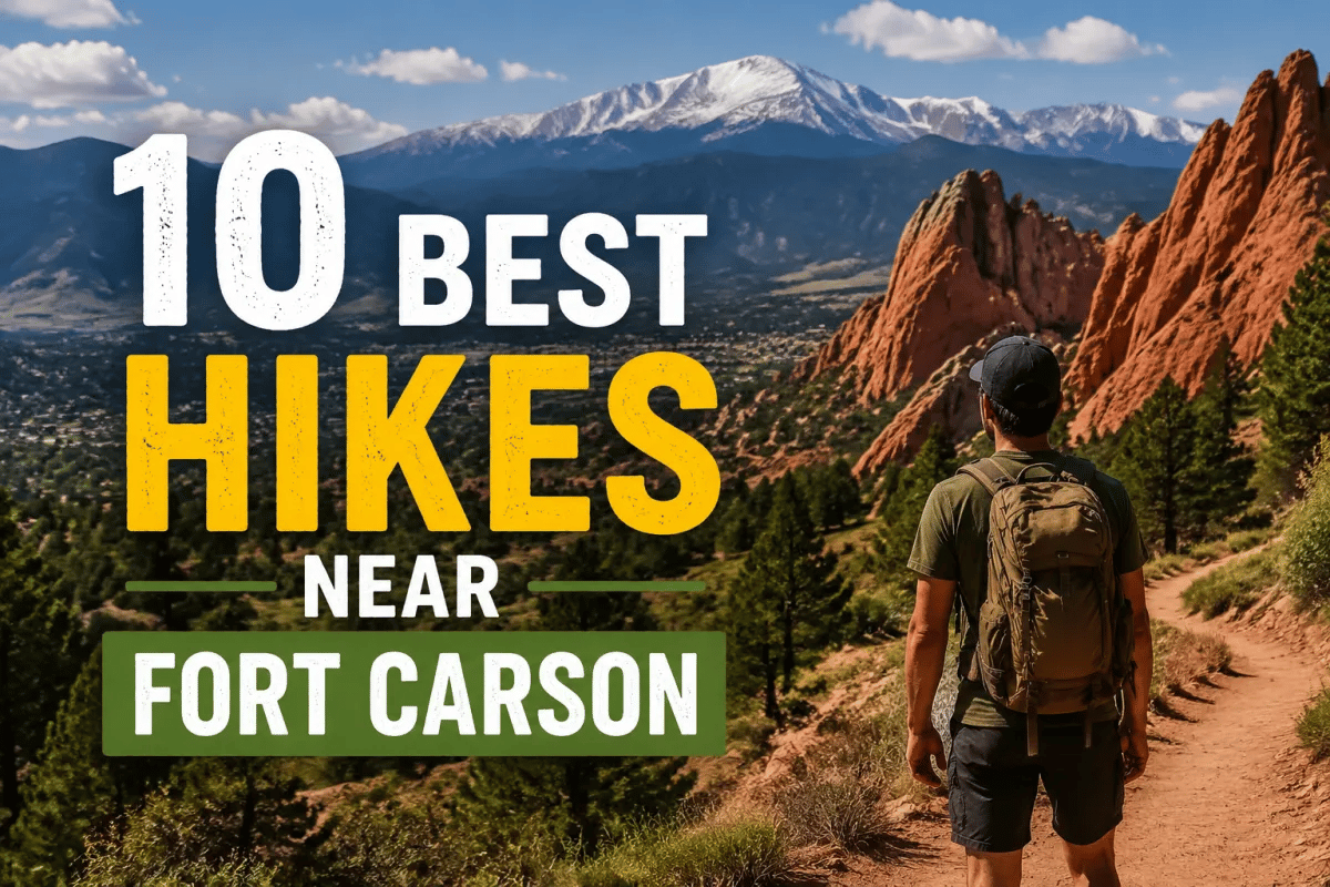 10 Best Hikes Near Fort Carson, featuring a hiker on a trail beneath red rocks and snow-capped mountains.
