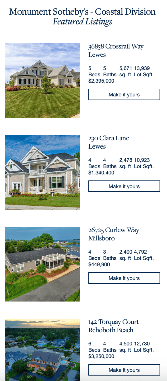 Featured listings graphic with photos and details for four homes in Lewes, Millsboro, and Rehoboth Beach.