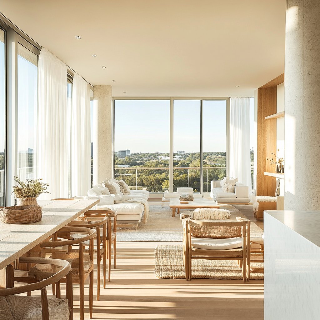 Furnished living room with floor-to-ceiling windows overlooking trees and distant buildings.