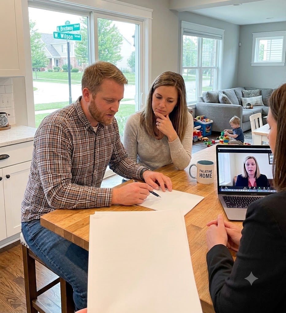 Couple meets with agent and lender to go over paperwork from their home.