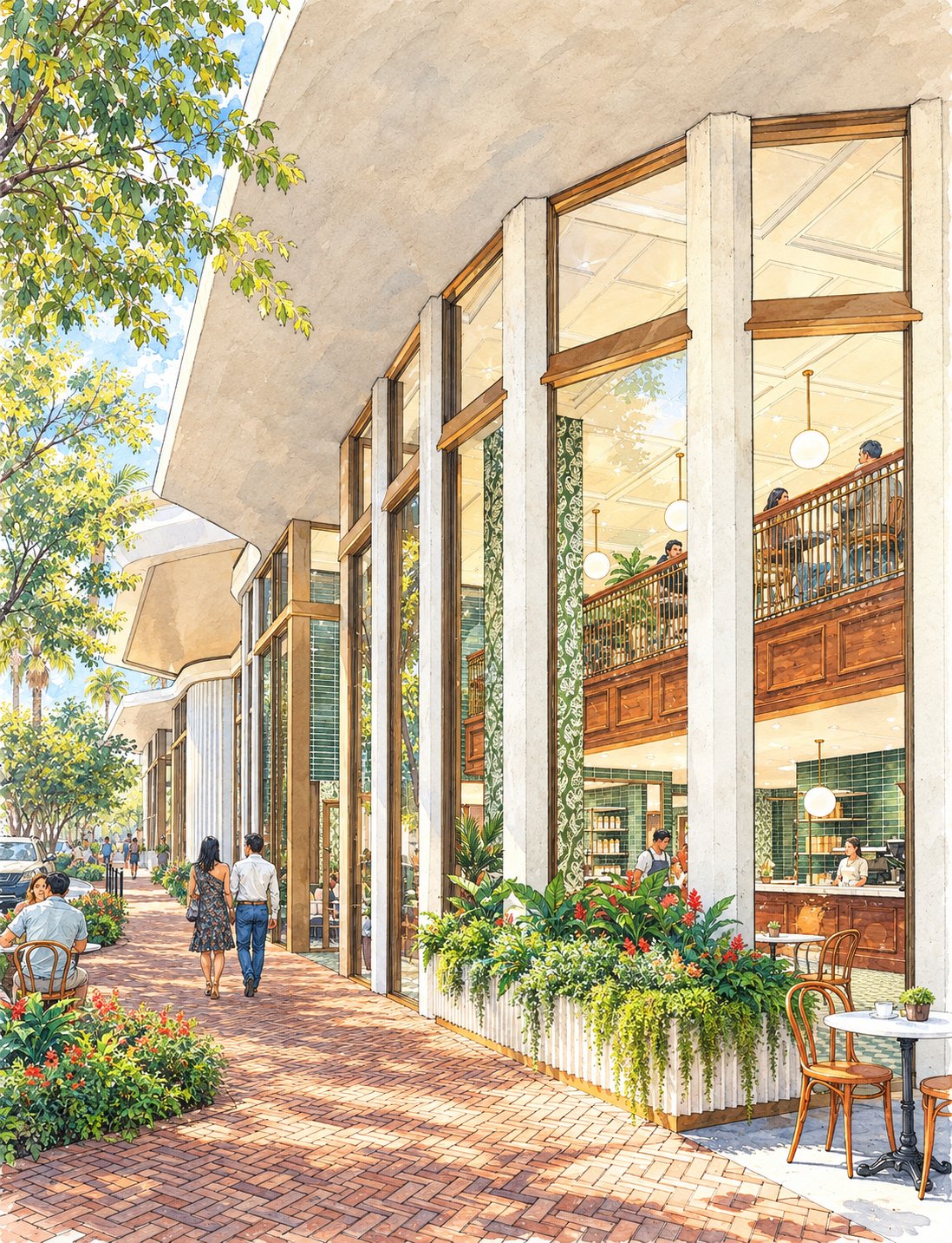 Contemporary building with a glass-fronted café opening onto a brick pedestrian walkway.