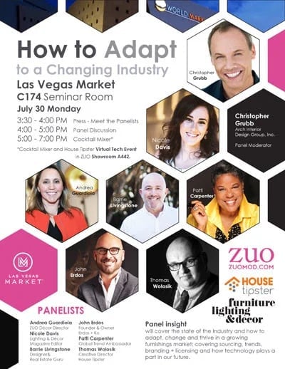 Las Vegas Market flyer for “How to Adapt to a Changing Industry,” featuring the seminar schedule and panelists.