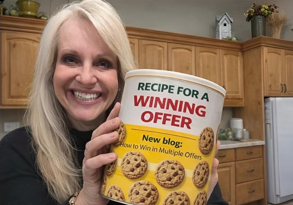 Sharla Ellis holding a can labeled “Recipe for a Winning Offer” explaining how buyers can win in multiple offer situations in today’s housing market.
