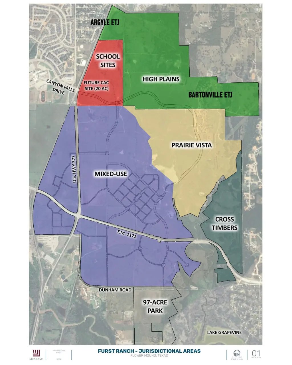 Furst Ranch master-planned community map showing High Plains, Prairie Vista, and Cross Timbers neighborhoods in Flower Mound Texas with Argyle ISD