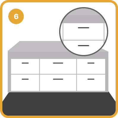 Step 6 illustration of a bathroom vanity with a magnified view of its drawer pulls.