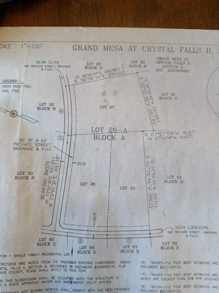 Subdivision plat showing Lot 26-A in Block A beside High Lonesome.