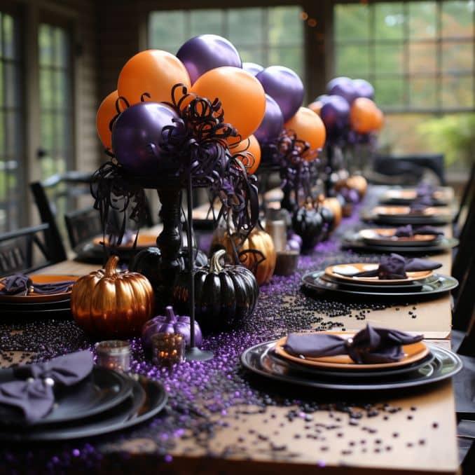 Halloween party setup featuring themed balloons, decorative pumpkins, and spooky table settings.