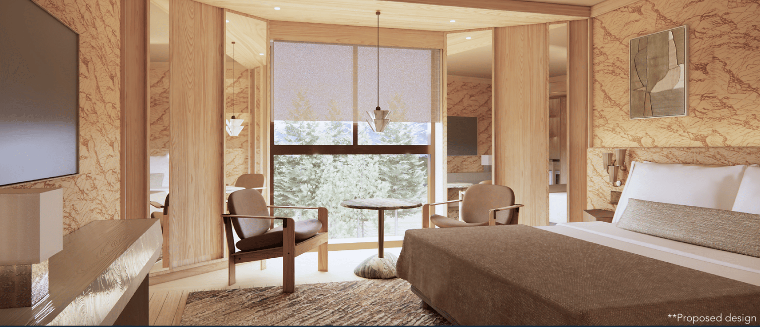 Proposed bedroom design with warm wood paneling, veined stone walls, and a large window overlooking trees.
