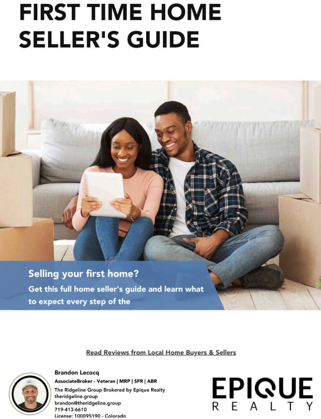 First-time home seller's guide promotion with a couple reading a tablet among moving boxes.