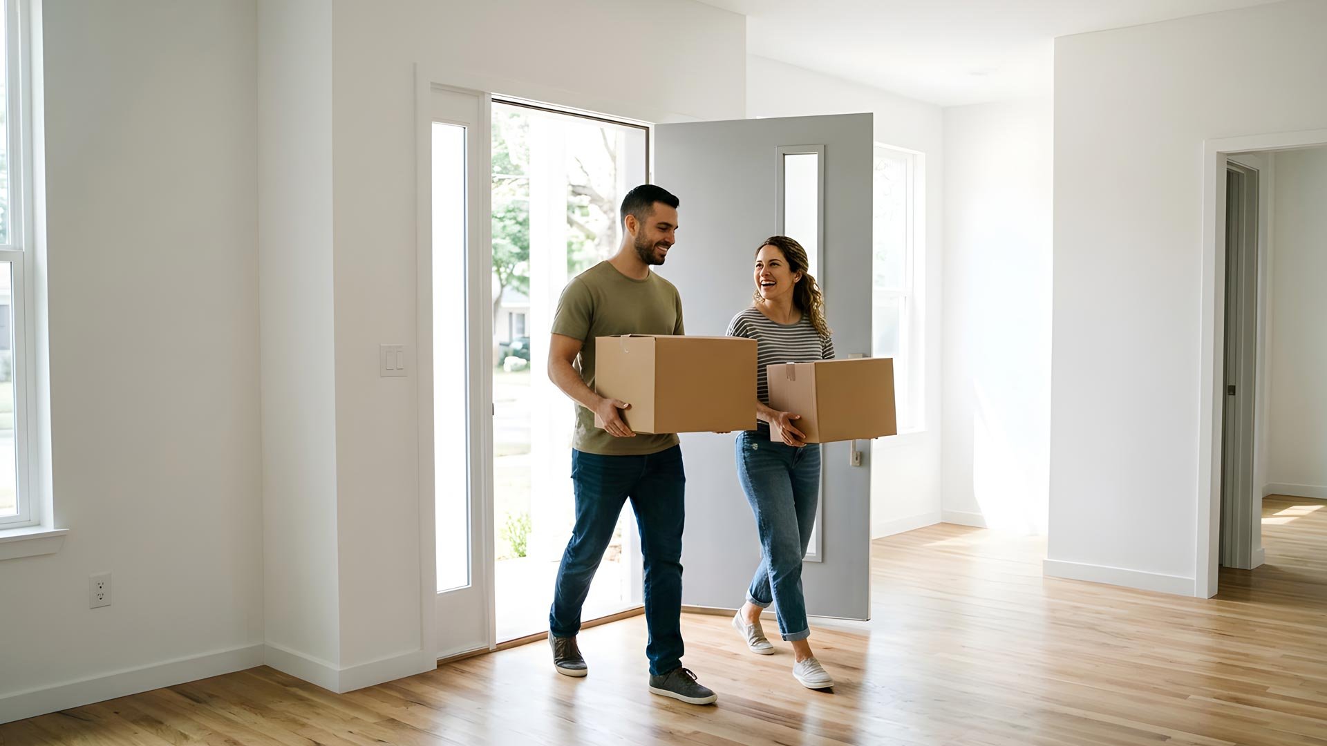 A couple stepping into their empty new home surrounded by packed cardboard boxes, illustrating how to claim the Ontario HST new housing rebate on pre-construction and builder inventory