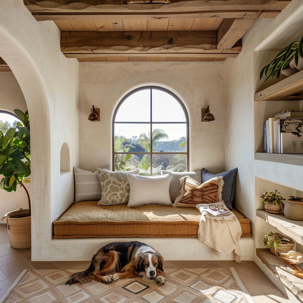 lime wash walls, interior stucco, wood beams, nook, daybed, wooden shelving, light fixtures