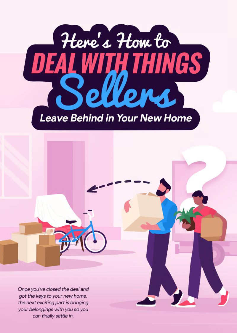 Illustrated guide to handling items sellers leave behind, with movers carrying boxes past a covered bicycle and packages.