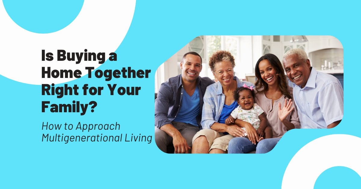 A multigenerational family -- grandparents, parents, and a baby -- smiling together at home, representing multigenerational living in the western suburbs of Chicago.