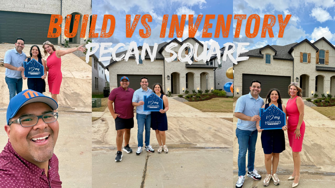 Miranda Realty Team with homebuyers in front of their new Highland Homes inventory home at Pecan Square in Northlake, TX — build vs. inventory comparison