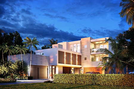Modern two-story home with expansive windows, palm trees, and a front hedge at dusk.