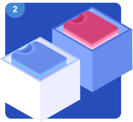 Two open boxes holding folded blue and pink clothes, marked with the number 2.