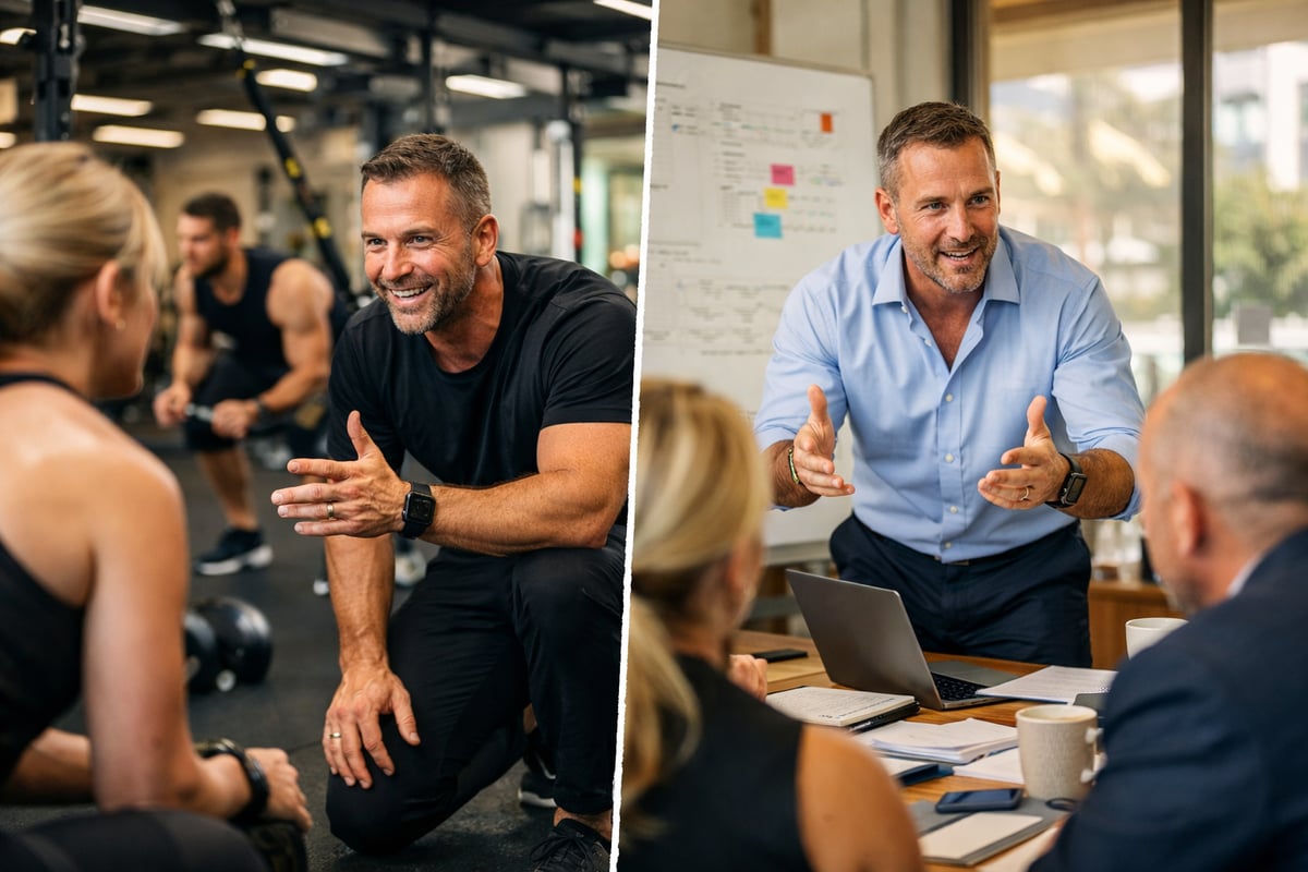 James Short Real Estate Coach and performance expert illustrated with split image of fitness coaching and real estate team leadership in a modern office setting.