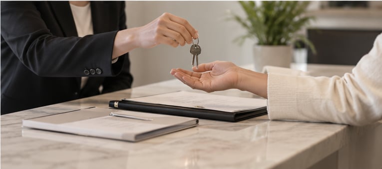 Real estate closing and home key handoff