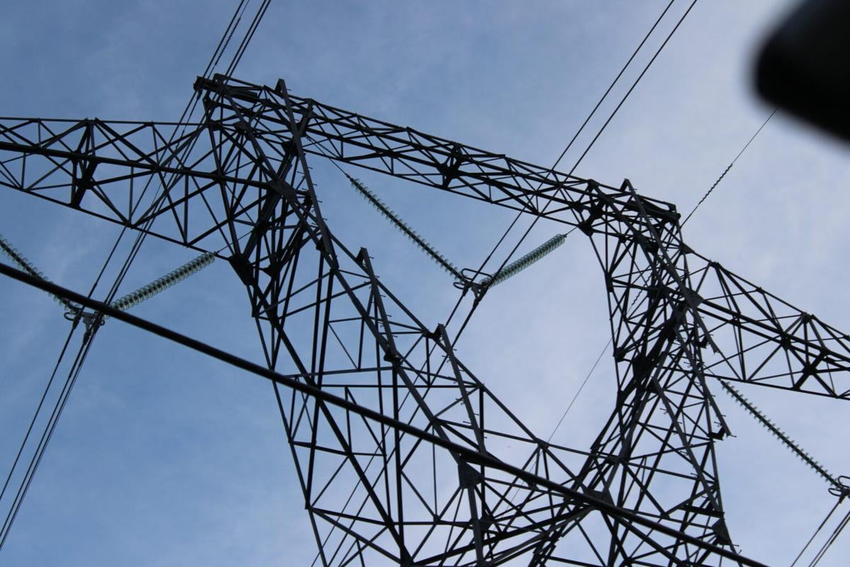 Steel transmission tower carrying high-voltage power lines, the type proposed for new routes through Loudoun County near Lovettsville, Virginia