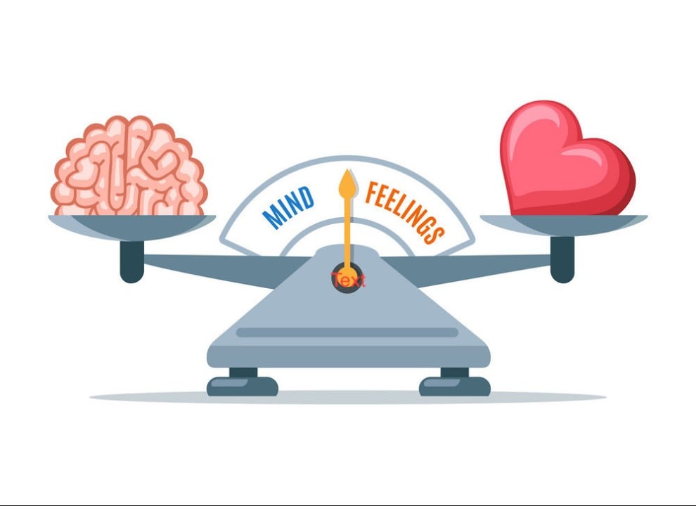 Illustration of a scale balancing a brain labeled “mind” and a heart labeled “feelings.”