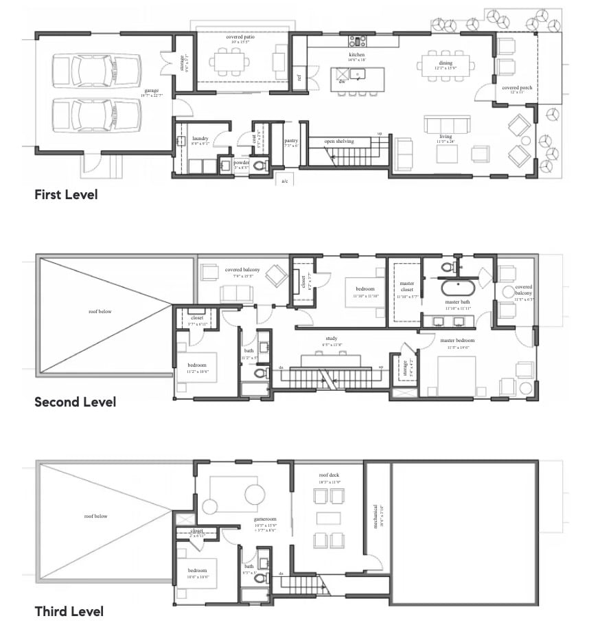 Three-level home floor plan showing a two-car garage, bedrooms, study, game room, and roof deck.
