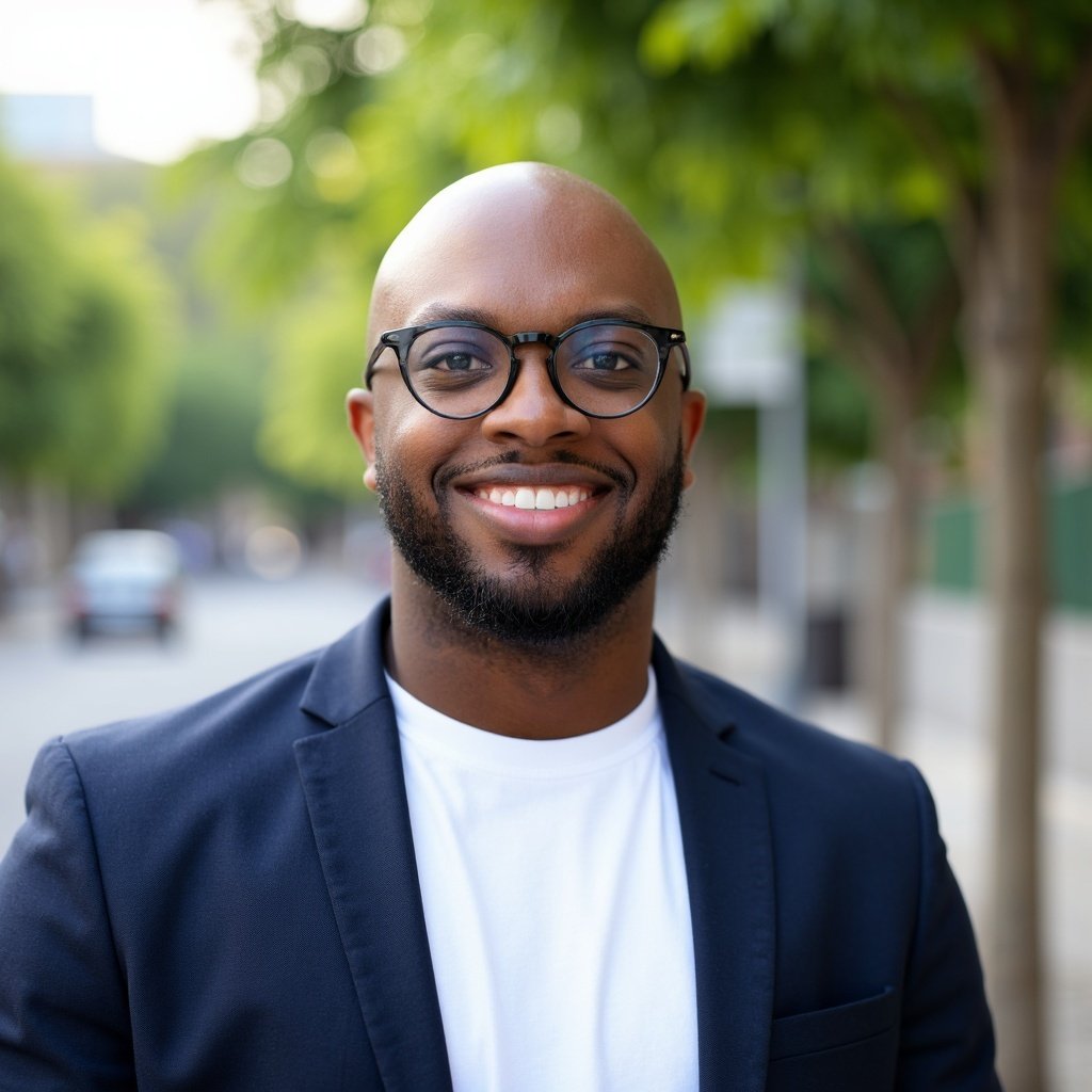 Justin Davis smiling in glasses and a navy blazer outdoors.