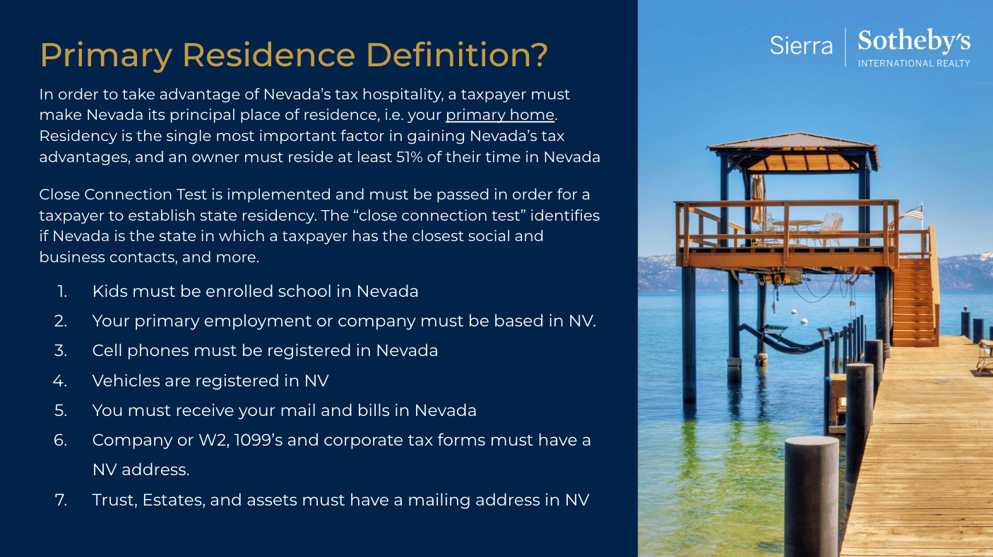 Infographic explaining Nevada primary residence requirements, with seven residency criteria beside a lakeside dock photo.