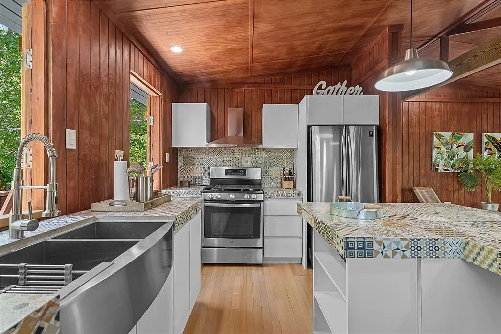 Modern kitchen with mosaic tile countertops