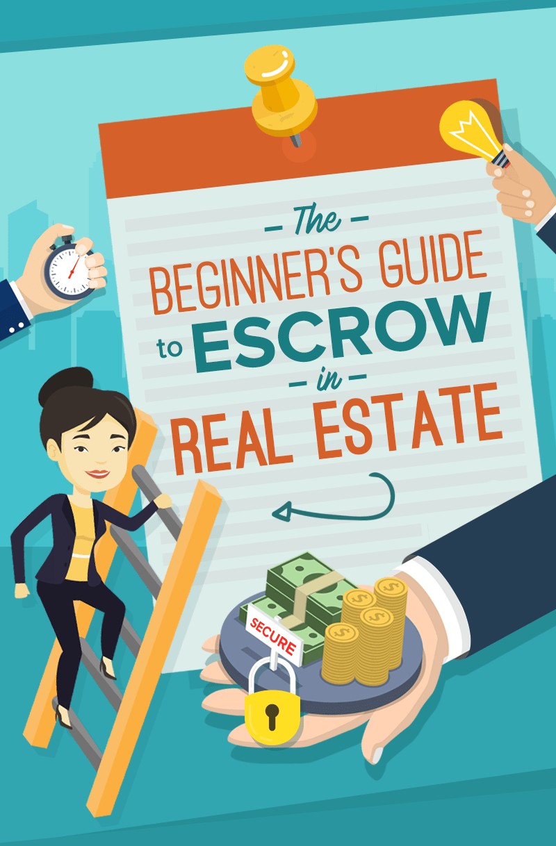 Beginner's guide to real estate escrow, with secured money, a lock, and a buyer.