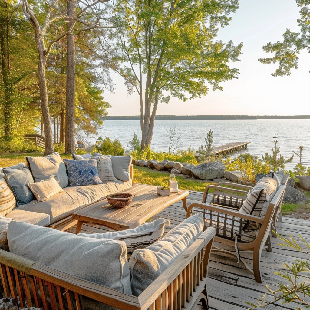 Furnished lakeside deck with cushioned seating and a small dock across the water.