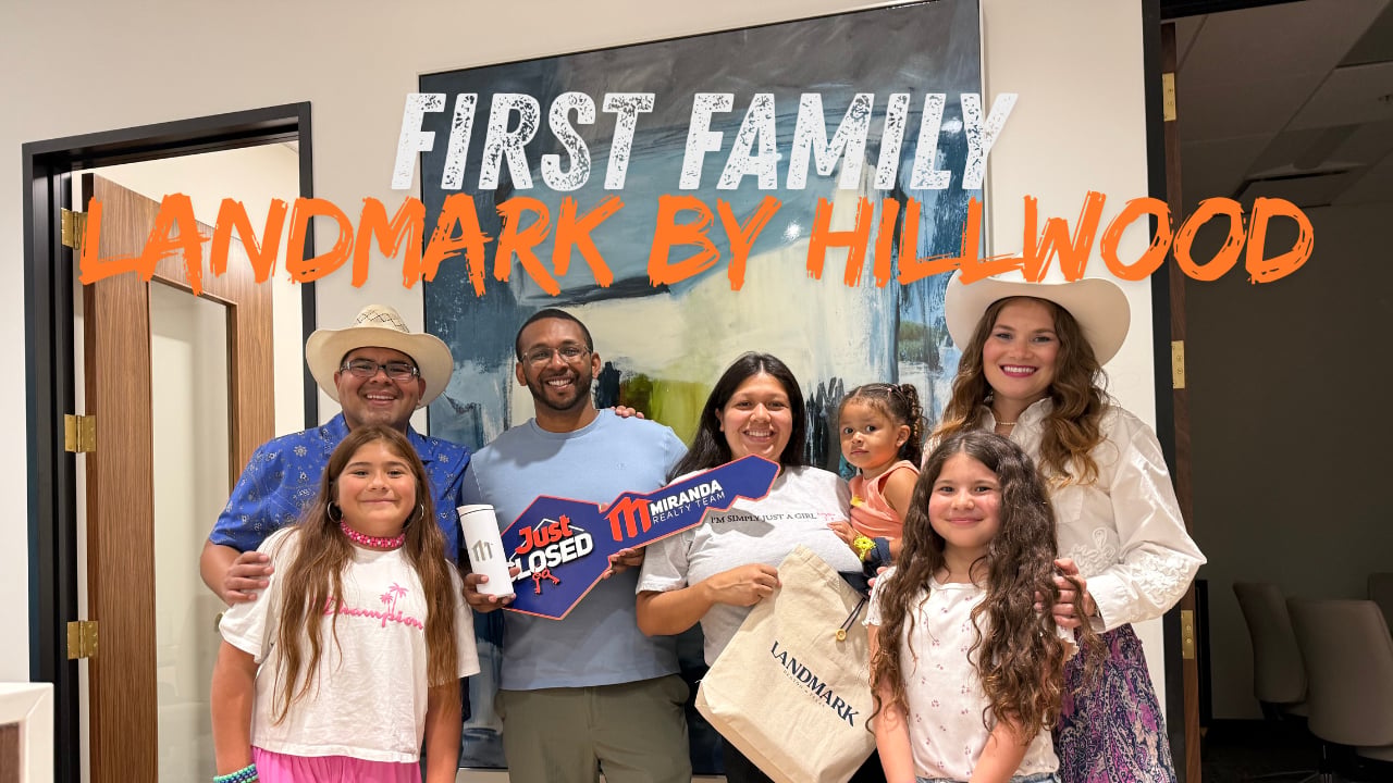 Bennett family and Miranda Realty Team standing in front of their new Highland Home at Landmark by Hillwood in Denton, Texas. "First Family Landmark by Hillwood"