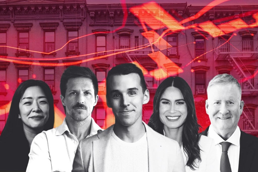 Five real estate professionals posed in front of an apartment building façade with red graphic overlays.